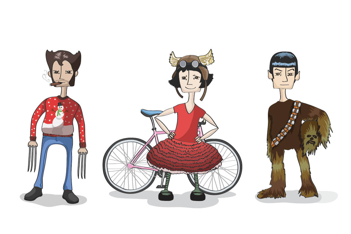illustrations of Wolverine in an ugly Christmas sweater, Amelie at Tour de Fat in front of a bicycle, and Spock in a Chewbacca costume