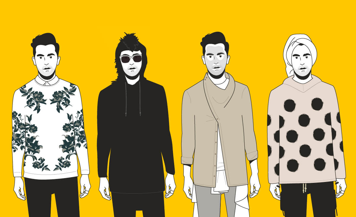 David Rose wearing various outfits