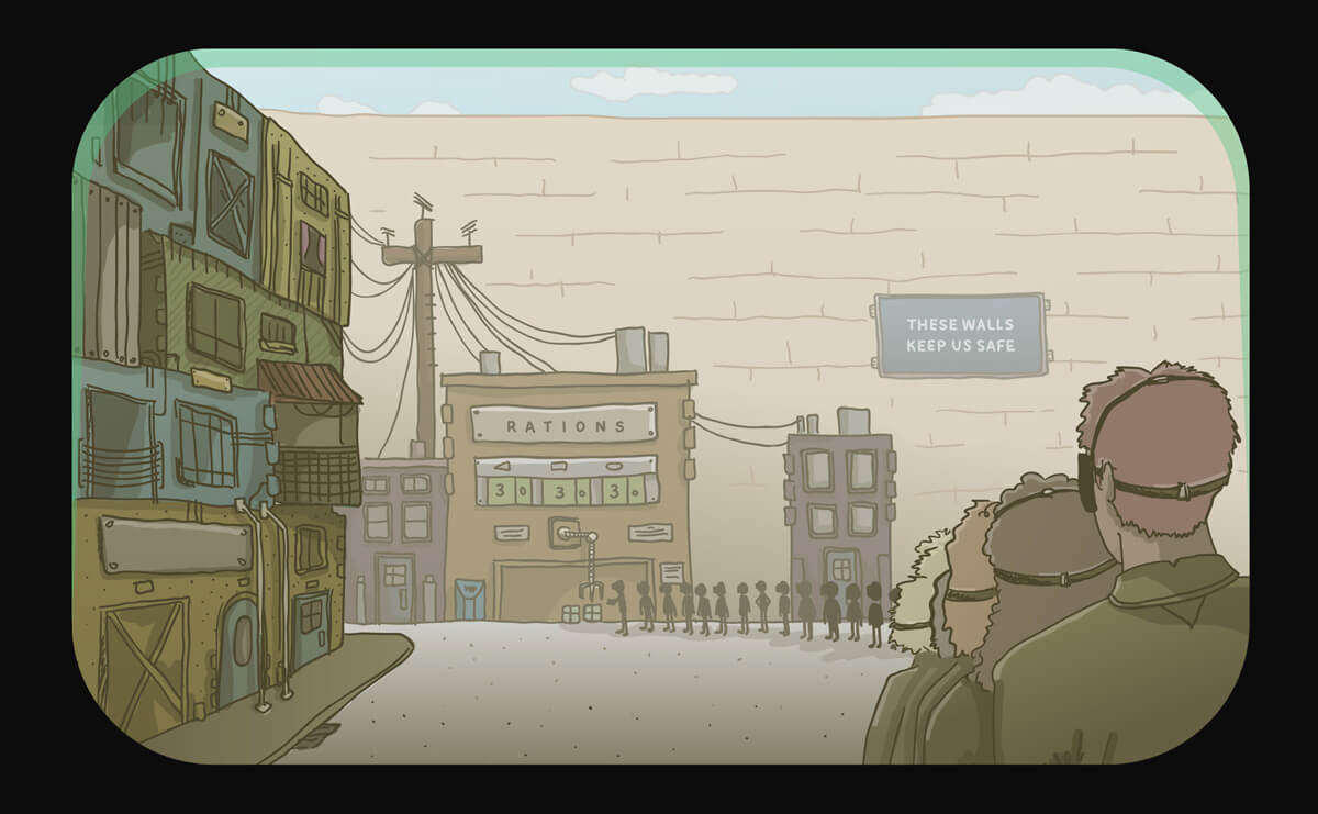 an illustration of a long line at a dystopian ration station, through the lens of a virtual reality headset