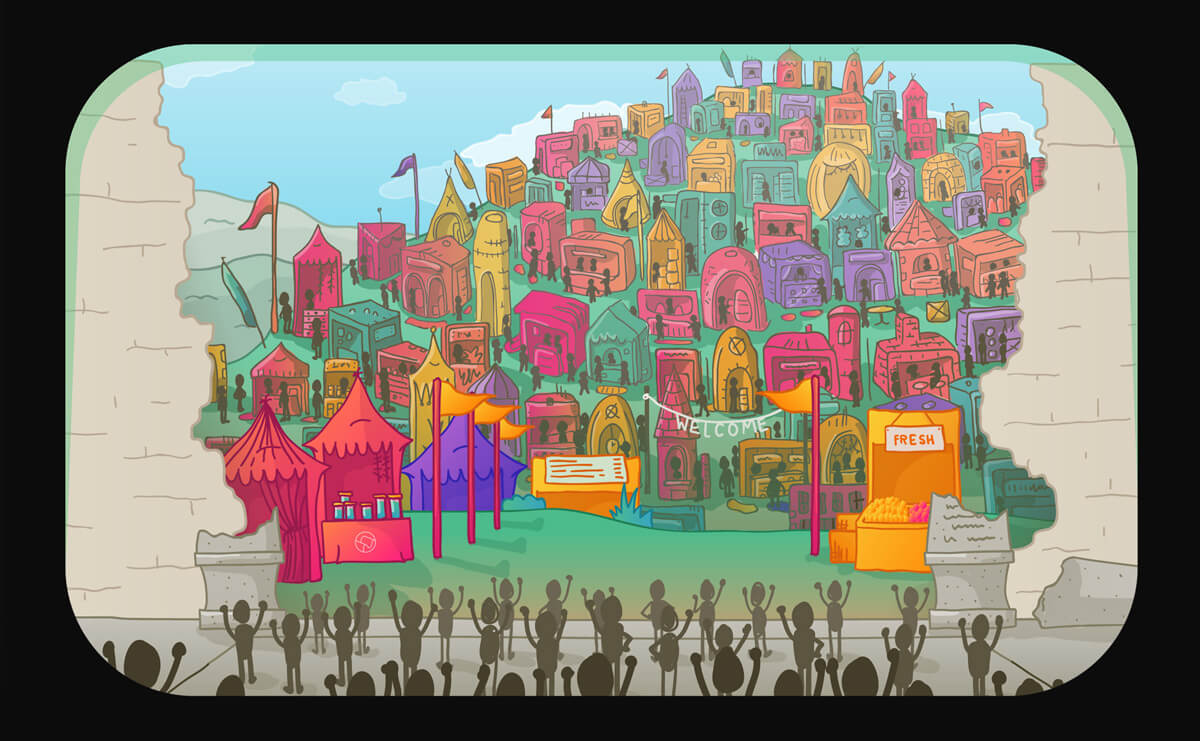 an illustration of a broken wall, outside is a colorful and exciting marketplace