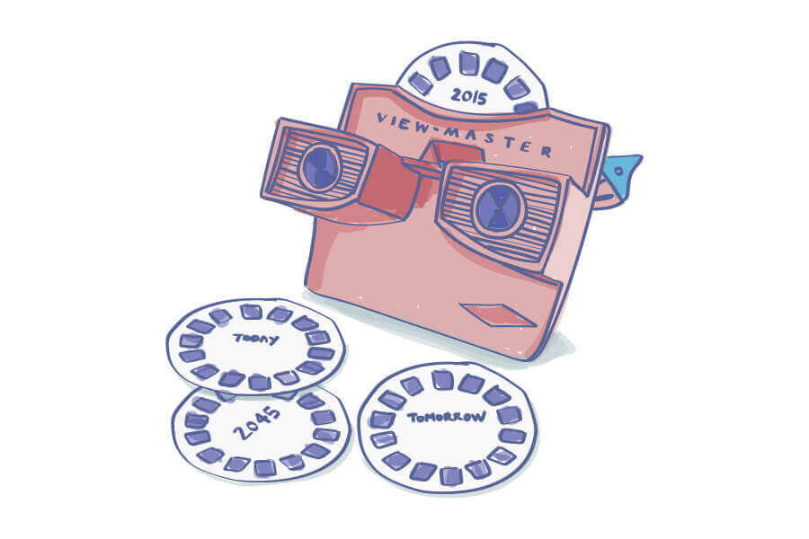 an illustration of a vintage viewmaster and slide cartridges that are labeled “Today, Tomorrow, and 2045”