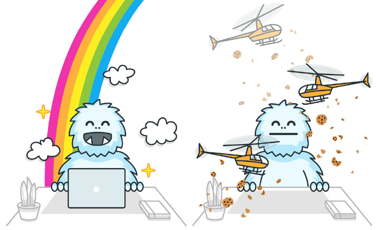 illustrations of a yeti at a desk with various backgrounds including a rainbow and flying money