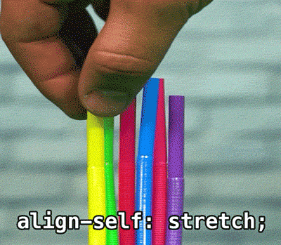 a handful of colorful drinking straws, fingers grab one and stretch it out tall and out of frame, caption says `align-self: stretch;`