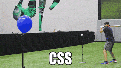 man swings at a baseball on a tee toward a blue balloon, he misses and overswings but hits a second baseball behind him that hits and pops a pink balloon, caption says “CSS”