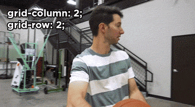 caption says `grid-column: 2; grid-row: 2;` man walks and throws a basketball behind his back where it bounces and lands in the 2x2 empty spot in a 4x4 rack of basketballs