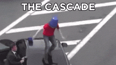 man wearing a blue bucket on his head jumps down from the roof of a car, the car owner chases him and knocks the blue bucket off his head to reveal a smaller turquoise bucket underneath, caption says “the cascade”