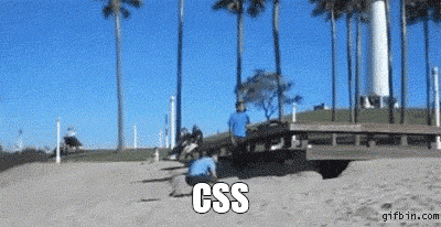 a man flips off a pier into the sand followed closely by another man who flips and lands on the first man’s back pushing his face into the sand, caption says “CSS”