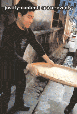 man shuffles a tray of circular cookies and with a twist of the tray, all the cookies arrange in a nice evenly spaced pattern, caption says `justify-content: space-evenly;`