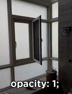 a remote control changes a wall of windows from opaque to see-through and back again, the caption changes from `opacity: 1;` to `opacity: 0;` along with it