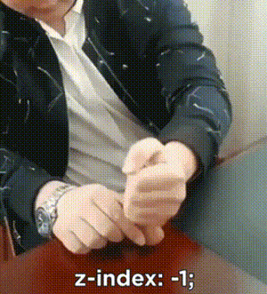 man bangs his fist against a walnut to try and crack it but pushes it through the desk forming a hole, caption says `z-index: -1;`